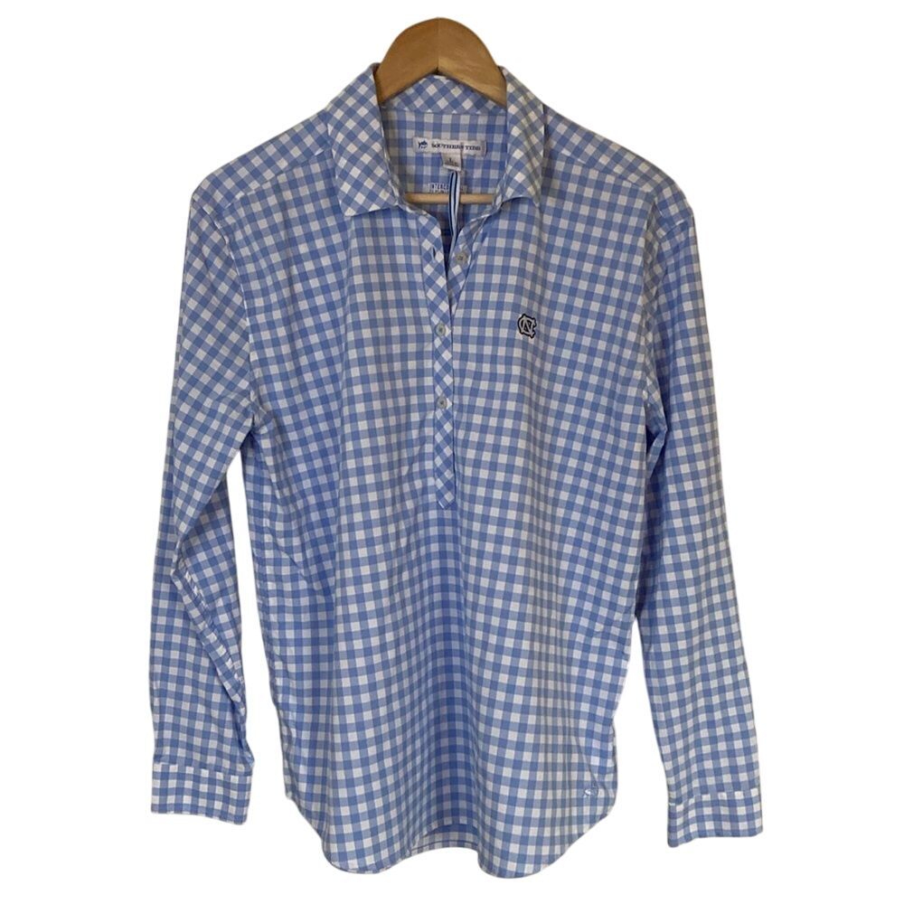 Southern Tide Womens Intercoastal Hadley Popover Shirt L Blue White Gingham NC